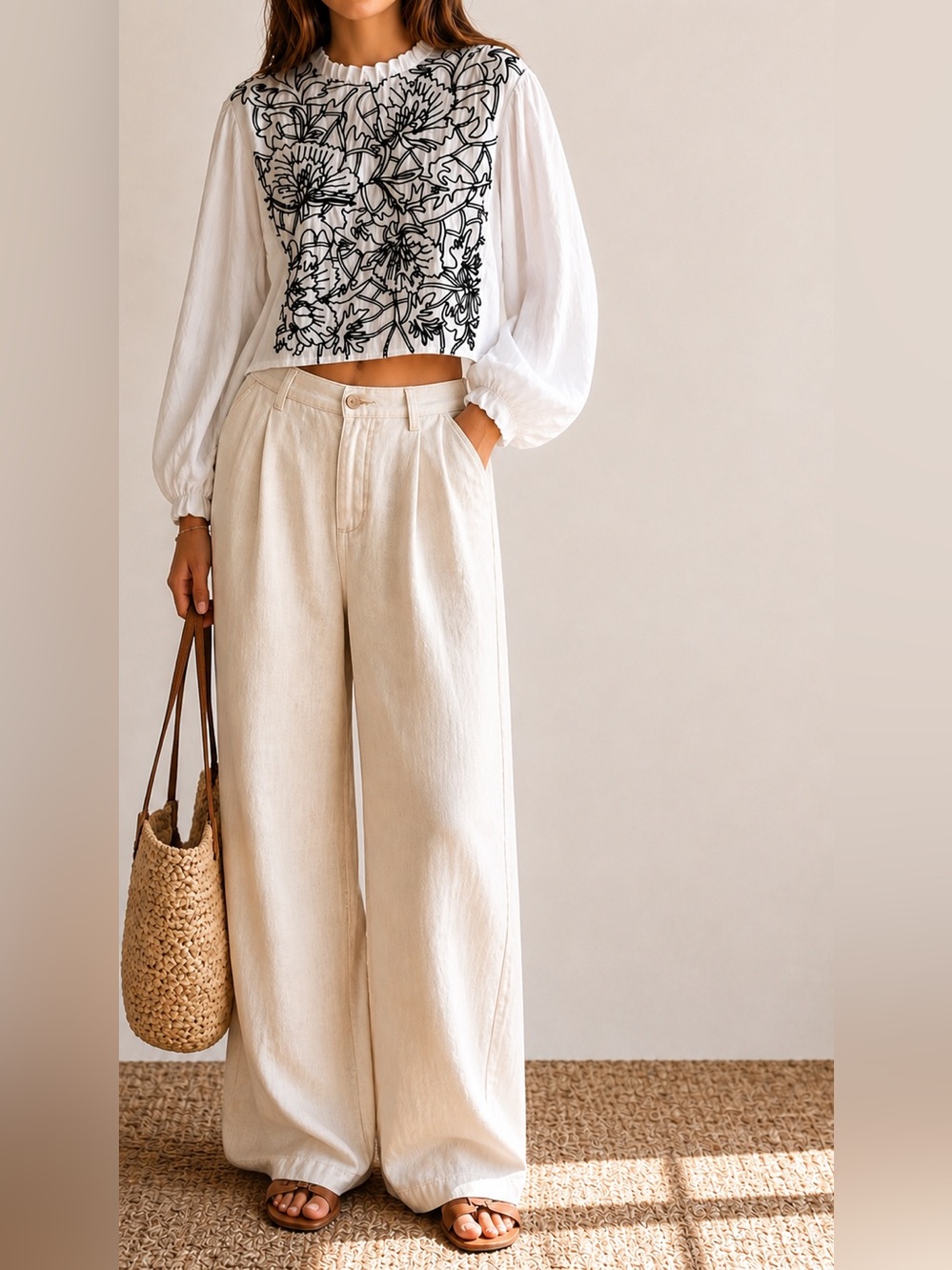 Mango black and white embroidered puff sleeve blouse